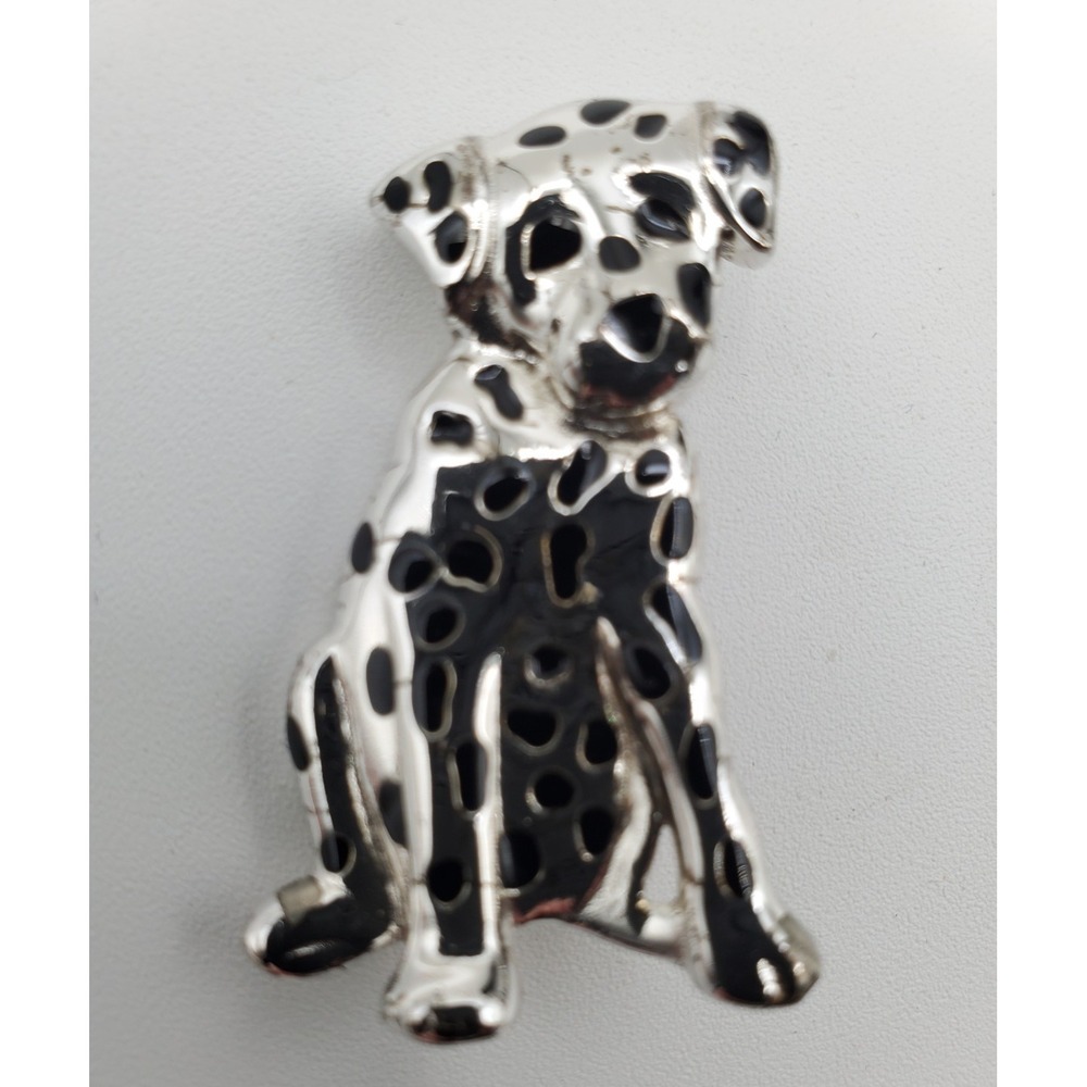 Vtg Anne Klein Silver Tone Dalmation Dog Black Spotted Enameled Brooch Pin